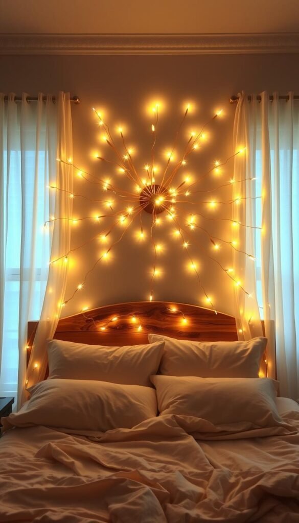 A starburst arrangement of warm, glowing fairy lights gracefully frames a headboard, casting a magical ambiance throughout the bedroom. The lights emanate a soft, twinkling shimmer, radiating from the center and gently tapering outward to create a sparkling, celestial-inspired effect. The headboard itself is made of rustic, weathered wood, providing a natural, organic contrast to the dazzling lights. Plush, ivory bedding and wispy, sheer curtains complete the serene, enchanted atmosphere, inviting a restful night's sleep surrounded by the soothing glow.