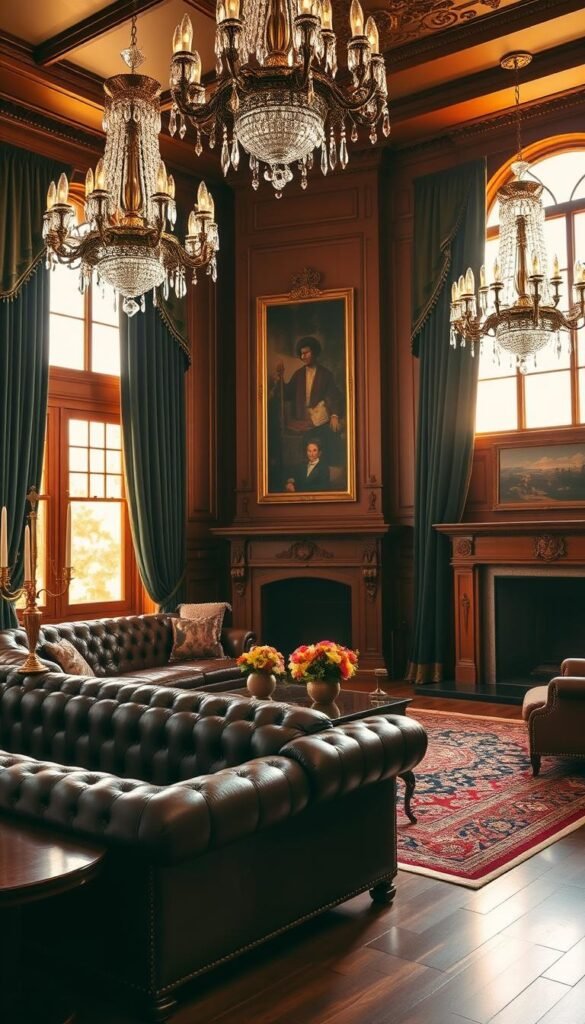 A stately, timeless living room with an air of elegant sophistication. The space is bathed in warm, golden light filtering through large windows, casting a soft glow across plush, tufted leather furnishings and rich, ornate woodwork. A grand fireplace anchors the room, its mantel adorned with ornamental carvings. Lush, jewel-toned velvet curtains frame the windows, adding a touch of regal luxury. Ornate chandeliers hang overhead, their crystal prisms refracting the light. Antique Persian rugs cover the hardwood floors, their intricate patterns grounding the space. Subtle, tasteful accents like brass candelabras and vases of fresh flowers complete the scene, exuding a sense of refined, enduring beauty.