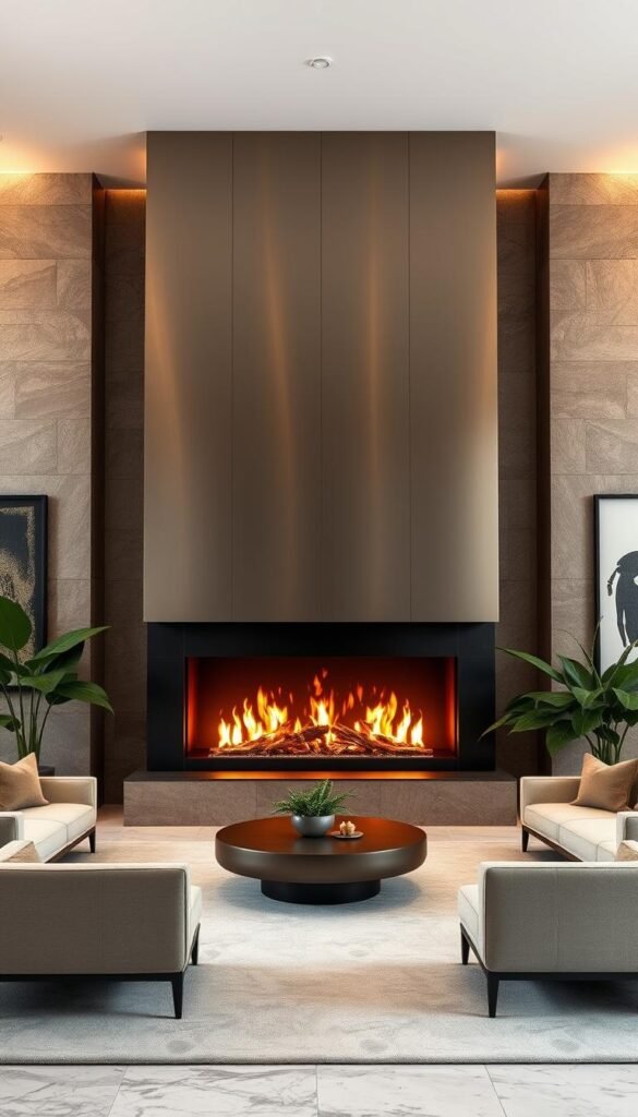 A stunning, contemporary statement fireplace design. A large, minimalist fireplace with clean lines and a sleek, metallic finish dominates the room's focal point. Warm, ambient lighting casts a soft glow, creating a cozy and inviting atmosphere. The fireplace is framed by high-end, textured stone walls that add depth and visual interest. Elegant, plush seating in neutral tones surrounds the fireplace, inviting relaxation. Lush, verdant plants and subtle artwork on the walls complete the luxurious, timeless aesthetic. The entire scene is captured in a dramatic, wide-angle shot that emphasizes the fireplace's impressive scale and presence.