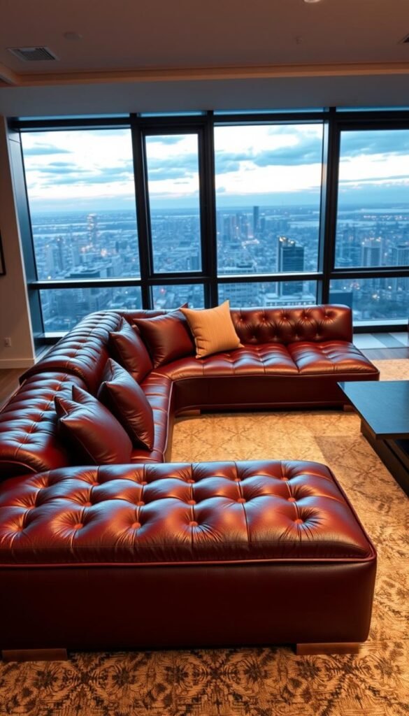 A stunning, luxurious l-shaped sofa set in a modern, high-end living room. The plush, buttery soft leather in a rich, burgundy hue dominates the foreground, accentuated by brushed metal accents and tufted upholstery. Soft, warm lighting casts a cozy glow, while large windows in the background offer panoramic views of a breathtaking cityscape. The sofa is angled to create an intimate, conversational seating arrangement, perfect for entertaining guests or relaxing in sophisticated comfort. Elegant, minimalist decor and a neutral color palette contribute to an atmosphere of tranquil elegance, embodying the essence of modern luxury living.