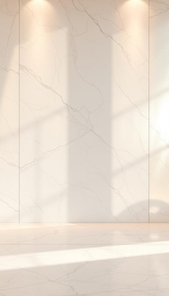 A stunning marble focal wall, its smooth, elegant surface reflecting the warm glow of a metallic wallpaper backdrop. The marble is polished to a high sheen, casting mesmerizing patterns of light and shadow. The metallic wallpaper shimmers with a luxurious, iridescent finish, adding depth and dimension to the scene. The lighting is soft and diffused, creating a serene, sophisticated atmosphere. The camera captures this opulent arrangement from a slightly elevated angle, showcasing the flawless interplay of natural stone and shimmering metallics. This image exudes a timeless, high-end aesthetic that perfectly embodies the elegance and grandeur of a luxury living room.