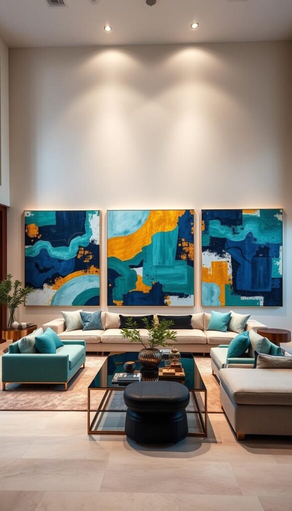 A stunning modern living room with bold, vibrant wall decor taking center stage. The focal point is a series of large, abstract canvases featuring vibrant brushstrokes and geometric patterns in a harmonious color palette of deep blues, emeralds, and rich golds. The lighting is a mixture of soft, diffused natural light and carefully placed spotlights, highlighting the depth and texture of the artwork. The room is spacious, with high ceilings and a minimalist, contemporary design aesthetic, allowing the wall decor to truly shine. The overall mood is one of sophisticated elegance and artistic flair, perfectly complementing the luxurious "Modern Glam" theme of the living space.