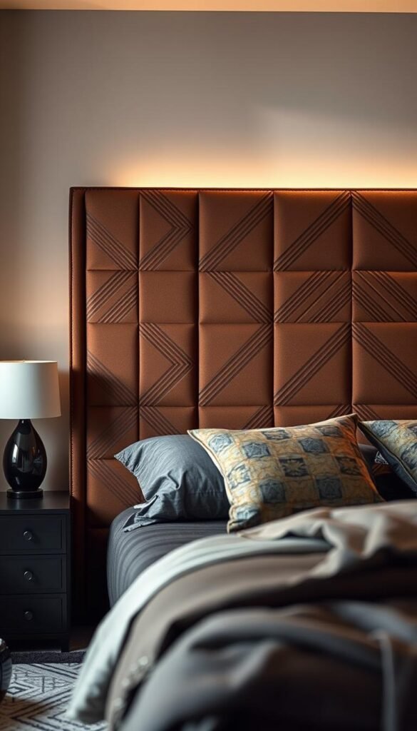 A stunning, modern statement headboard design with a bold, geometric pattern in a rich, earthy color palette. The headboard dominates the frame, showcased against a softly blurred, cozy bedroom interior with muted, warm lighting. The pattern features clean, angular lines that create a sense of visual depth and texture, drawing the eye inward. Captured from a slightly elevated angle to highlight the headboard's dimensional qualities and its harmonious integration with the surrounding space. An inviting, tranquil atmosphere that evokes a sense of refined, relaxed sophistication. A stunning, modern statement headboard design with a bold, geometric pattern in a rich, earthy color palette. The headboard dominates the frame, showcased against a softly blurred, cozy bedroom interior with muted, warm lighting. The pattern features clean, angular lines that create a sense of visual depth and texture, drawing the eye inward. Captured from a slightly elevated angle to highlight the headboard's dimensional qualities and its harmonious integration with the surrounding space. An inviting, tranquil atmosphere that evokes a sense of refined, relaxed sophistication.