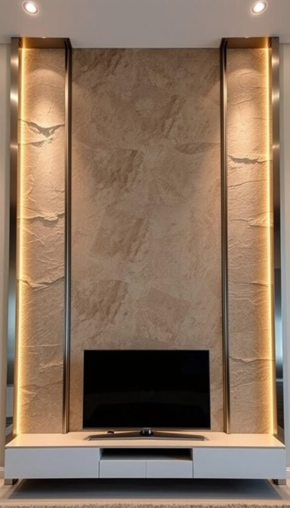 A stunning stone and metal feature wall design, capturing the essence of luxury and sophistication. The focal point is a large, textured stone panel, illuminated by warm, directional lighting to accentuate its natural beauty. Sleek, metallic accents frame the stone, creating a harmonious interplay of materials. In the foreground, a modern, low-profile TV is seamlessly integrated into the design, blending seamlessly with the surrounding elements. The overall composition exudes a sense of elegance and refinement, perfectly suited to elevate the living room ambiance.