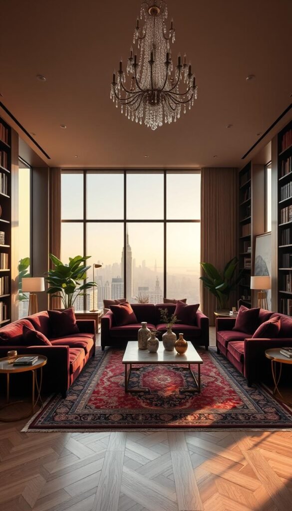 A stunning, well-appointed luxury apartment living room bathed in warm, natural light filtering through large windows overlooking a picturesque city skyline. Plush, velvet sofas in a deep burgundy hue sit atop a lush, Persian-inspired area rug. Sculptural, brass side tables and a sleek, marble-topped coffee table anchor the space. Floor-to-ceiling bookshelves line the walls, filled with leather-bound volumes. Subtle, ambient lighting casts a cozy, intimate glow, while a grand, crystal chandelier adds a touch of opulence overhead. Lush, potted plants and artful decor accents complete the refined, sophisticated aesthetic.