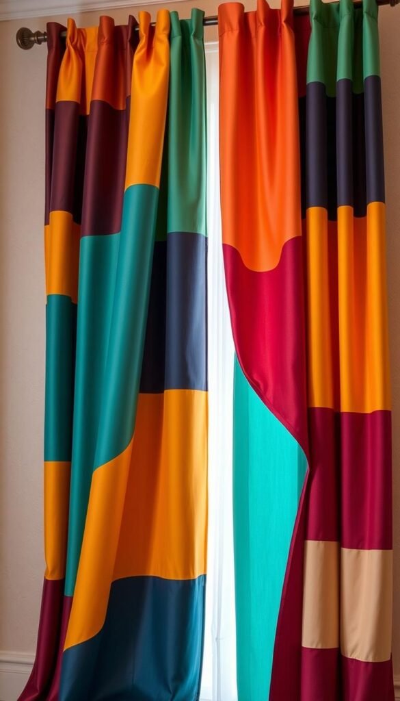 A stylish and cozy color block curtain display, featuring bold, vibrant panels in a mix of jewel-toned hues. The curtains hang gracefully, creating a dimensional and statement-making focal point against a neutral wall backdrop. Warm, diffused lighting casts a soft glow, highlighting the rich texture and subtle patterns of the fabric. The curtains are expertly tailored, with crisp, clean lines and precise seams. The overall aesthetic radiates a sense of elevated, modern elegance, transforming the space into a refined and inviting retreat.