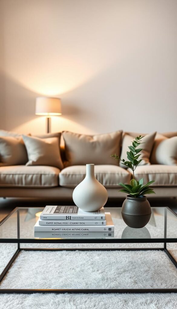 A stylish and functional coffee table arrangement with ample negative space. In the foreground, a minimalist glass-topped table showcases a carefully curated selection of design objects - a sculptural vase, a stack of artfully arranged books, and a small potted plant. The middle ground features plush, neutral-toned upholstered seating, inviting visitors to relax and interact. Soft, diffused lighting from floor lamps in the background creates a warm, inviting ambiance, while the clean lines and uncluttered aesthetic maintain a sense of openness and balance. The overall composition strikes a harmonious balance between style and functionality, allowing the space to breathe and the focal points to shine.