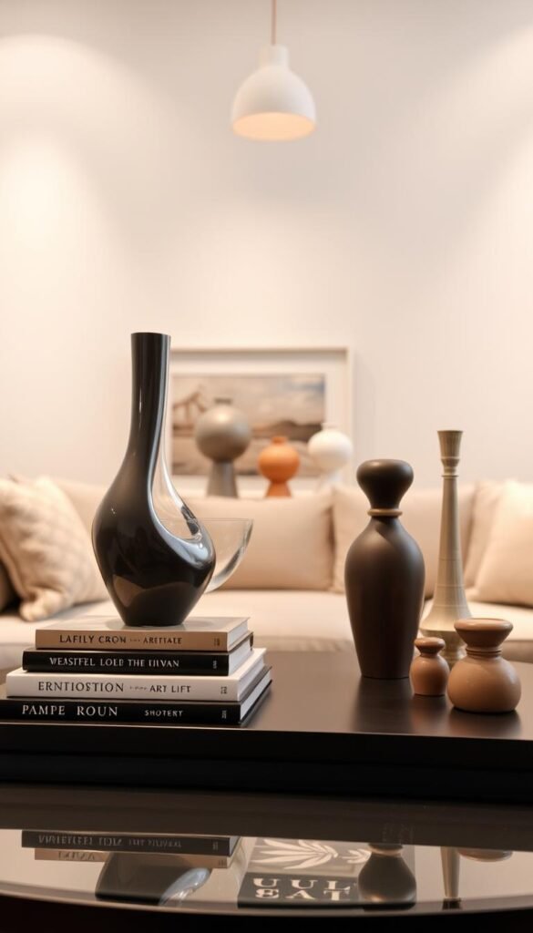 A stylish coffee table arrangement showcasing height variations. In the foreground, a tall sculptural vase anchors the display, complemented by a low-profile glass bowl and a stack of art books in the middle ground. The background features a mix of smaller decorative objects of varying heights, creating a visually dynamic and intentionally curated tablescape. Soft, directional lighting from an overhead source gently illuminates the scene, casting subtle shadows and highlighting the textures and materials. The overall atmosphere is one of refined elegance, inviting the viewer to appreciate the thoughtful interplay of scale and proportion.
