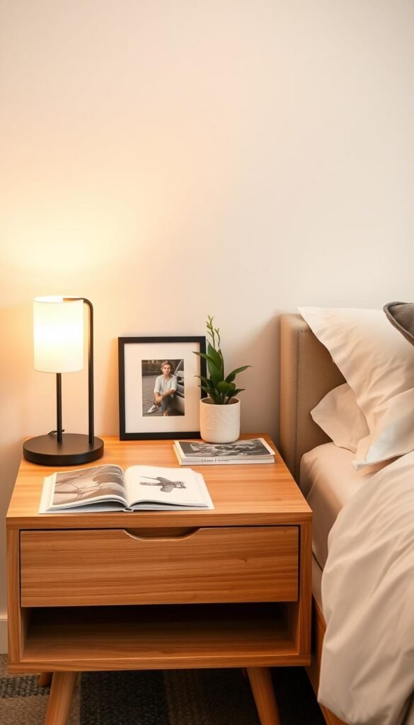 A stylishly decluttered nightstand with a sleek minimalist design. The wooden surface is meticulously organized, featuring a simple table lamp with a warm glow, a small potted plant, and a single framed photograph. The nightstand is positioned against a neutral-toned wall, with indirect lighting creating a soft, inviting ambiance. The overall composition exudes a sense of tranquility and calm, reflecting the serene atmosphere of the bedroom. Captured at a medium angle, the image showcases the harmonious balance between form and function, inspiring a fresh and rejuvenating bedroom aesthetic.