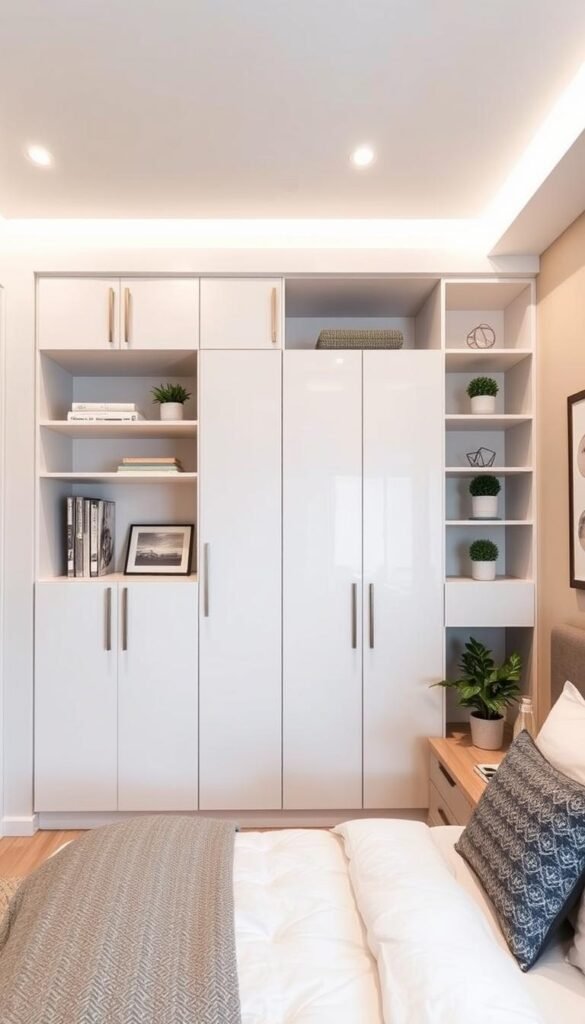 A stylishly organized bedroom with sleek, built-in wall storage solutions. Minimalist white cabinetry with streamlined, recessed handles blends seamlessly into the neutral-toned walls. Tasteful decorative accents like potted plants and framed art add touches of visual interest. Soft, diffused lighting from recessed ceiling fixtures casts a warm, cozy glow. The overall design exudes a sense of tranquility and order, perfectly balancing function and aesthetics to create a clutter-free, inviting space.