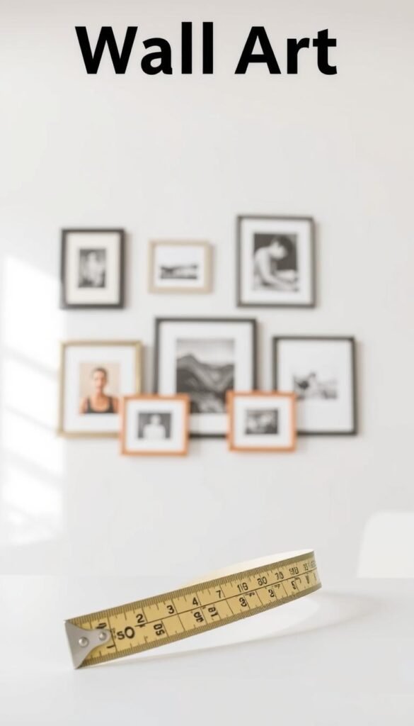 A stylized wall art hanging height guide displayed against a clean, minimalist background. In the foreground, a tape measure rests on a smooth, white surface, its markings clear and legible. In the middle ground, various framed art pieces are arranged at different heights, demonstrating the ideal placement for balance and visual harmony. The lighting is soft and diffused, creating a serene, gallery-like atmosphere. The angles are carefully composed to highlight the proportions and relationships between the art and the surrounding space, guiding the viewer's eye through the optimal hanging heights. The overall mood is one of refined elegance and practical guidance, making this an informative and visually appealing reference for the article's readers.