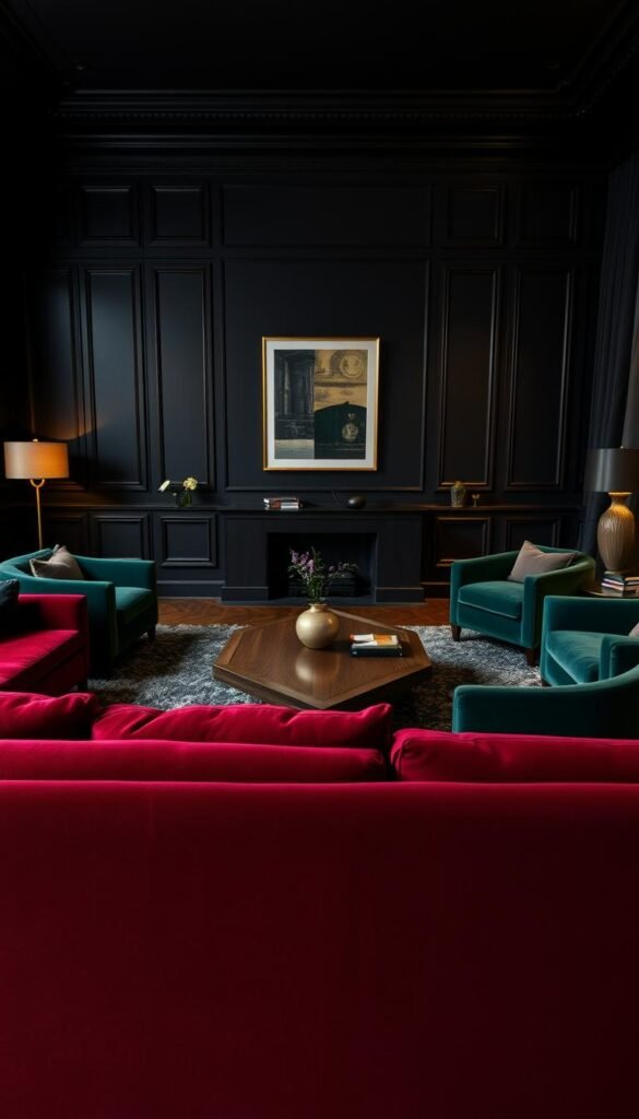 A sumptuous living room featuring a carefully curated selection of deep-toned furniture pieces. In the foreground, a luxurious velvet sofa in a rich burgundy hue takes center stage, complemented by a pair of plush armchairs in a complementary shade of forest green. In the middle ground, a sleek, angular coffee table in a dark walnut finish rests upon a lush, textured area rug in a moody charcoal tone. Artfully placed side tables and a striking floor lamp with a brass finish add depth and dimension to the space. The lighting is warm and inviting, casting a soft, ambient glow that accentuates the depth and richness of the color palette. Captured at a slightly elevated angle, the scene exudes a sense of sophistication and exclusivity, perfectly embodying the bold, luxurious aesthetic of a modern, dark-toned living room.