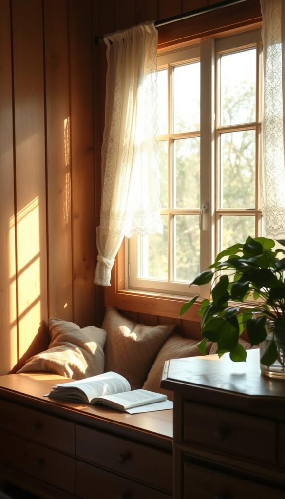 A sun-dappled bedroom window, its panes aglow with warm, natural illumination. Delicate lace curtains billow gently, casting soft shadows on the wood-paneled walls. A cozy reading nook nestled beneath the sill, inviting you to sink into plush cushions and lose yourself in the day's final pages. Soft, diffused light caresses the surface of a rustic dresser, highlighting the natural grain. Houseplants thrive in the tranquil glow, their verdant leaves reflecting the serene ambiance. This tranquil scene, captured through the lens of a wide-angle camera, exudes a sense of calm and contentment - a sanctuary to unwind and embrace the soothing embrace of the day's end.