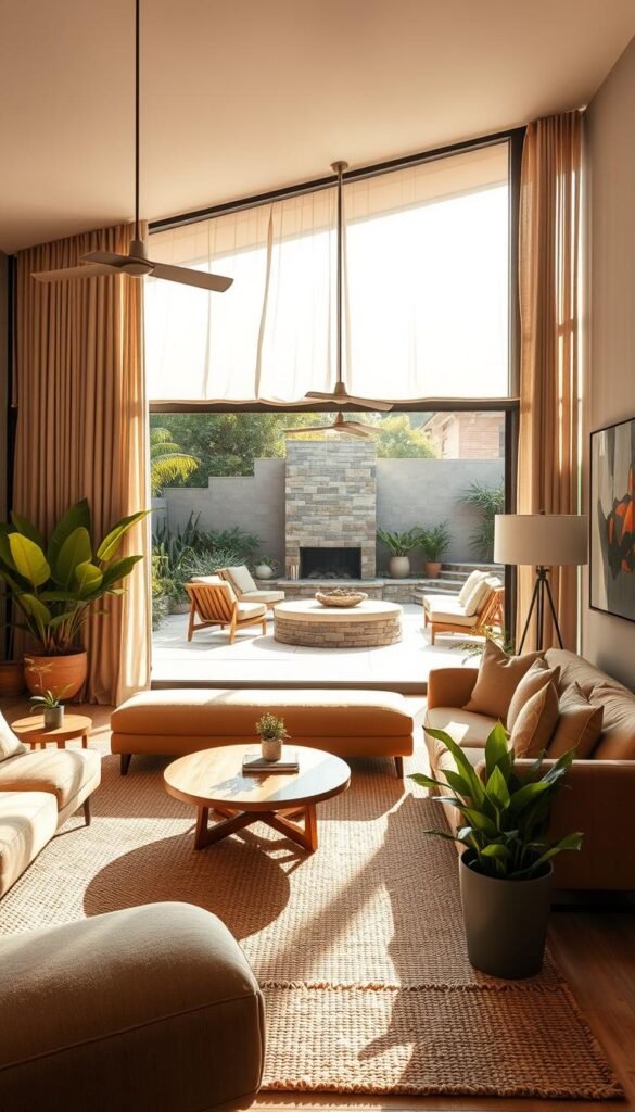 A sun-drenched California indoor-outdoor living room, with expansive sliding glass doors opening to a lush patio. Plush, earthy-toned furnishings create a cozy, nature-inspired ambiance. A stylish woven area rug grounds the space, complemented by a mid-century modern coffee table and sleek, minimalist lighting fixtures. Verdant potted plants and a striking abstract artwork add pops of greenery and color. Soft, diffused natural light filters through sheer curtains, casting a warm, serene glow. The patio beyond features a built-in stone fireplace, lounge seating, and a tranquil water feature, seamlessly blending the indoors and outdoors.