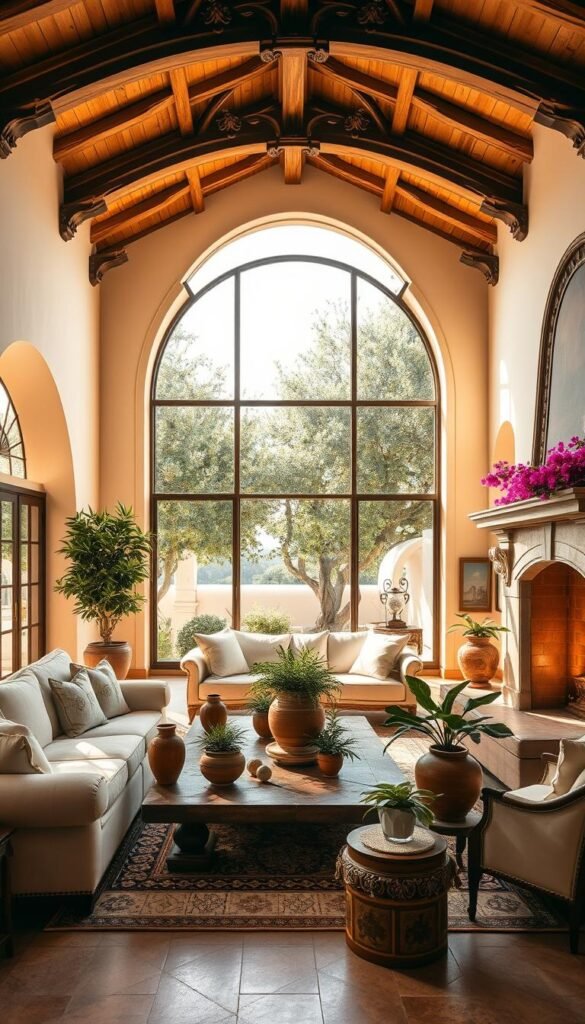 A sun-drenched Mediterranean living room with soaring arched windows that let in warm light. Plush cream sofas and armchairs arranged around a rustic wooden coffee table, adorned with terracotta pottery and lush potted plants. Ornate hand-carved wooden ceiling beams and a grand fireplace mantle with intricate tile detailing. Lush olive trees and blooming bougainvillea visible through the windows, framing the scene with vibrant greenery. Soft ambient lighting casts a golden glow, evoking a sense of timeless elegance and luxurious comfort.