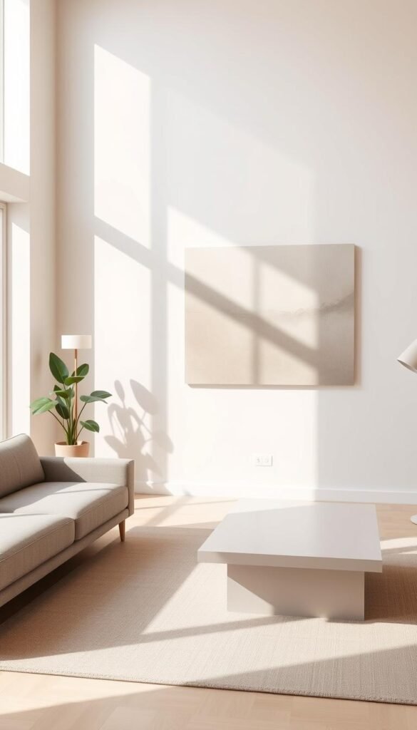 A sun-drenched, airy minimalist living room with a soothing, neutral color palette. In the foreground, a low-profile gray sofa and a sleek, square coffee table with clean lines. Hanging on the wall, a large, abstract artwork in muted tones. In the middle ground, a potted plant on a wooden side table and a floor lamp with a simple, geometric silhouette. The background features a large window letting in natural light, highlighting the minimalist, uncluttered design. The room exudes a sense of tranquility and sophistication, emphasizing the beauty of simplicity. A sun-drenched, airy minimalist living room with a soothing, neutral color palette. In the foreground, a low-profile gray sofa and a sleek, square coffee table with clean lines. Hanging on the wall, a large, abstract artwork in muted tones. In the middle ground, a potted plant on a wooden side table and a floor lamp with a simple, geometric silhouette. The background features a large window letting in natural light, highlighting the minimalist, uncluttered design. The room exudes a sense of tranquility and sophistication, emphasizing the beauty of simplicity.