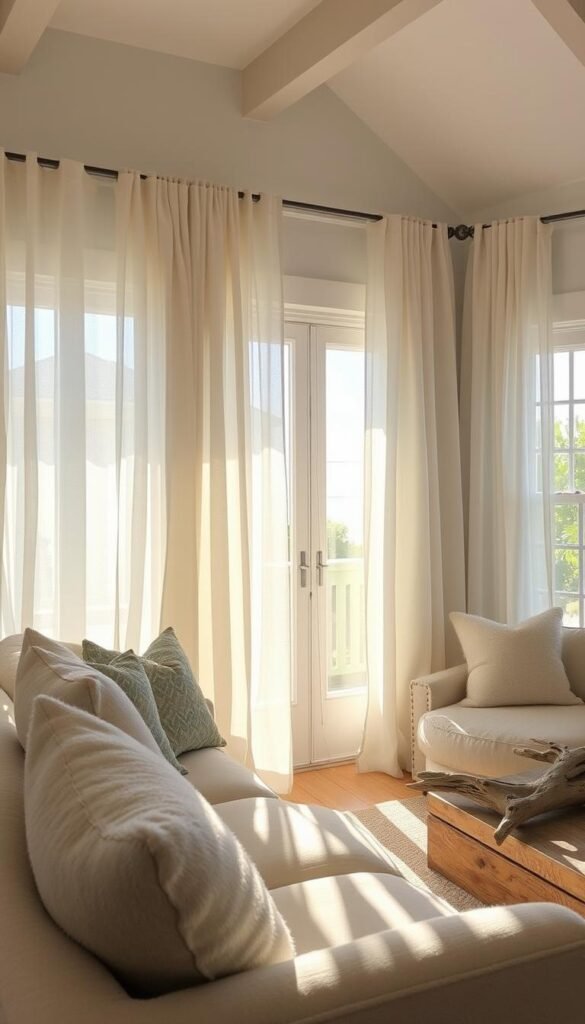 A sun-drenched coastal living room, bathed in soft, natural light filtering through sheer, flowing curtains. The curtains billow gently, creating a sense of movement and airiness, as if the room is embracing the breeze from the nearby ocean. The light casts a warm, ethereal glow, highlighting the textures and colors of the space - plush, neutral furnishings, weathered driftwood accents, and a hint of greenery peeking through the windows. The scene exudes a tranquil, relaxed atmosphere, inviting the viewer to sink into the comfort of the space and experience the serene, breezy coastal ambiance.