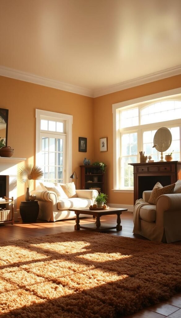 A sun-drenched farmhouse living room, the walls aglow with a warm, inviting hue. The paint finish, a soft eggshell sheen, reflects the natural light, creating a cozy, intimate ambiance. In the foreground, a plush area rug anchors the space, its rich, earthy tones complementing the paint's depth. Soft shadows play across the surfaces, highlighting the textural interplay between the smooth walls and the room's rustic, weathered accents. The overall scene evokes a sense of timeless elegance, where light and paint work in harmony to transform the space into a sanctuary of tranquility.
