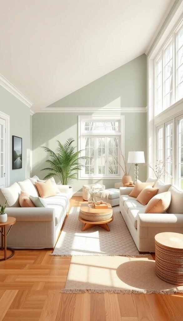 A sun-drenched living room filled with a harmonious color palette of soft neutrals and soothing pastels. The walls are a gentle, muted sage, while plush, oversized sofas in a pale, calming beige anchor the space. Complementary accents of muted dusty rose, subtle mint, and soft ivory punctuate the room, creating a serene and inviting atmosphere. Warm hardwood floors, cozy textiles, and an abundance of natural light from large windows set the stage for a relaxing, aesthetically pleasing environment. The composition captures the essence of a living space that is both visually appealing and incredibly comfortable.