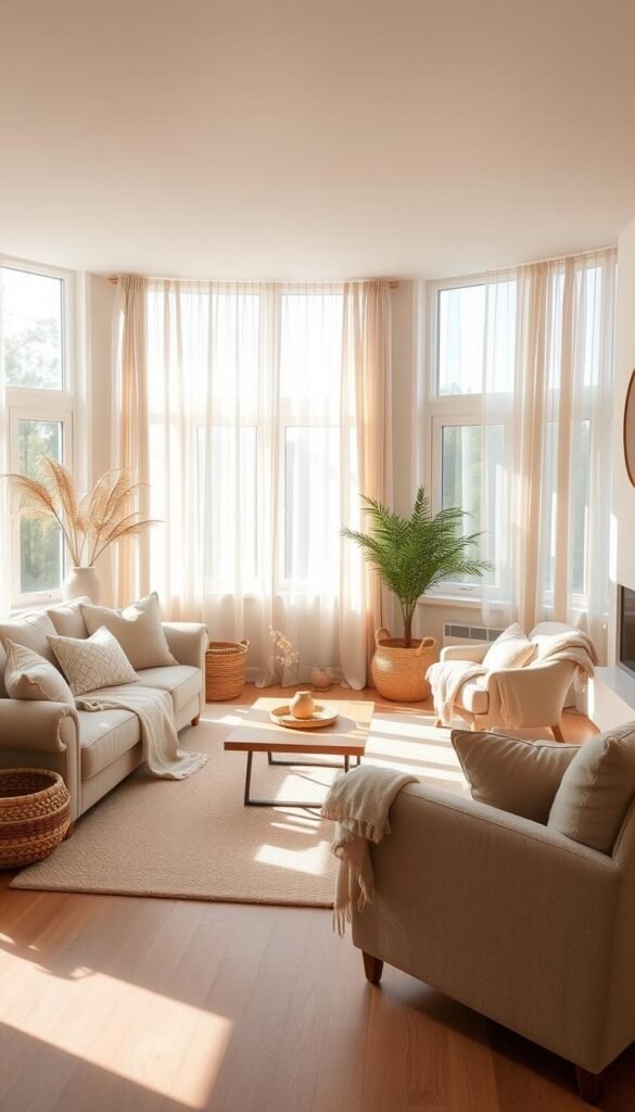 A sun-drenched living room with a soft, earthy color palette. The foreground features a plush, neutral-toned sofa and armchair, accented with natural linen throws and woven baskets. The middle ground showcases a low, wooden coffee table and a cozy area rug in muted shades of beige and green. The background reveals large windows that flood the space with warm, diffused lighting, framed by sheer, ivory curtains. The overall atmosphere is one of tranquility, harmony, and a connection to the natural world.