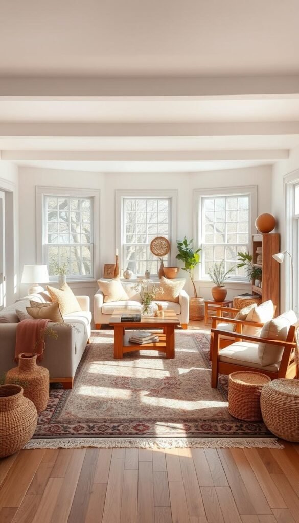 A sun-soaked modern farmhouse living room, filled with a harmonious blend of warm earth tones. In the foreground, a plush beige sofa and complementary armchairs arranged around a rustic wooden coffee table. Soft white walls create a bright, airy canvas, seamlessly coordinating with the natural wood furnishings and decor. Mid-ground, an ornate area rug in muted tones grounds the space. Trailing plants and woven baskets add organic texture. Sunlight streams in through large windows, casting a gentle glow and creating a cozy, inviting atmosphere. A serene, cohesive palette that effortlessly marries the painted walls, furniture, and accents into a cohesive, beautiful whole.
