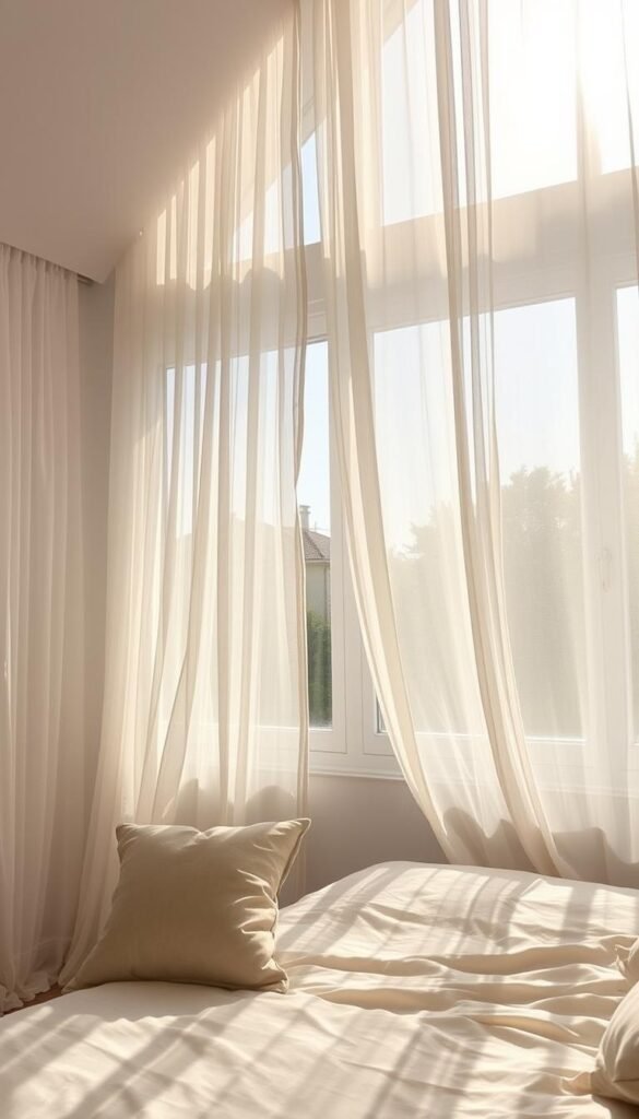 A sunlit bedroom with sheer curtains cascading over large windows, creating a soft, dreamy atmosphere. The curtains are delicate, diaphanous fabrics that sway gently in the breeze, filtering the sunlight and casting a warm, golden glow throughout the space. The bedroom is furnished with cozy bedding, plush pillows, and muted tones that complement the ethereal curtains. The scene exudes a sense of tranquility and serenity, inviting the viewer to imagine themselves in this peaceful, light-filled retreat.