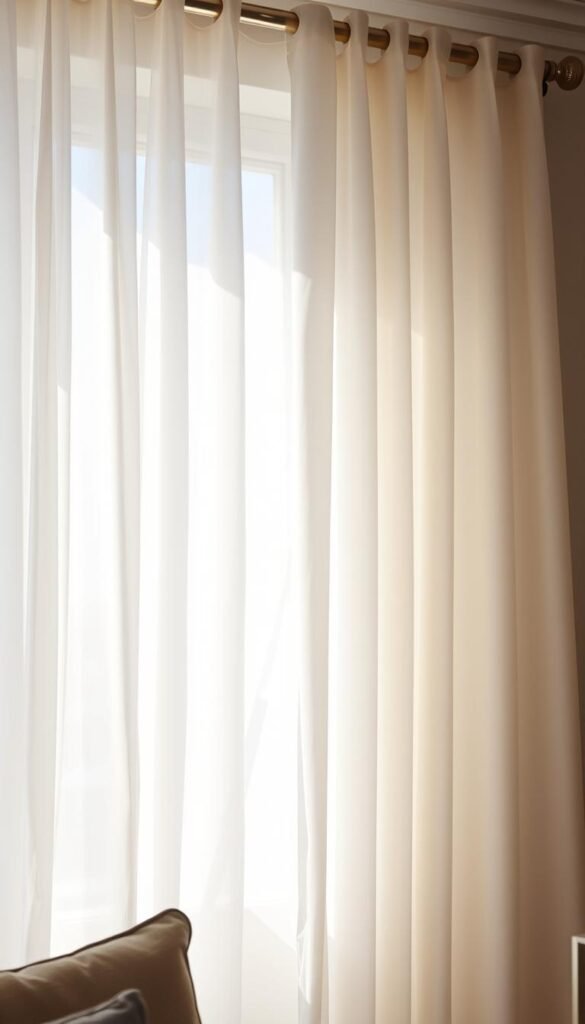 A sunlit living room with sheer curtains gently billowing in the breeze, filtering soft natural light through delicate fabric. The curtains are made of fine, diaphanous material, draping elegantly from a minimalist brushed-metal curtain rod. The lighting is diffused and ambient, creating a serene, airy atmosphere. The curtains sway gracefully, casting gentle shadows and highlighting the textures of the fabric. The scene is composed with an emphasis on simplicity and refined elegance, capturing the essence of understated luxury.