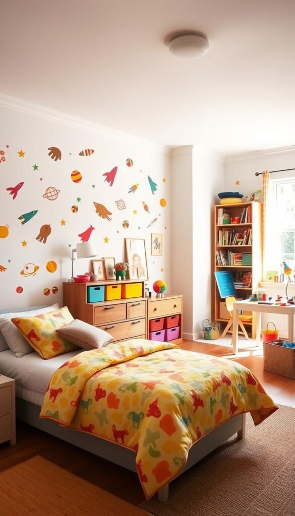 A sunny, well-lit bedroom with cheerful, playful details. In the foreground, a cozy twin bed with a bright, patterned comforter and plush pillows. On the walls, whimsical wall decals of animals, spaceships, and other imaginative designs. In the middle ground, a wooden dresser with colorful bins and baskets, and a small desk with a lamp and art supplies. In the background, a large window floods the room with natural light, and a bookshelf filled with storybooks and toys. The overall atmosphere is one of creativity, adventure, and unbridled childhood wonder. A sunny, well-lit bedroom with cheerful, playful details. In the foreground, a cozy twin bed with a bright, patterned comforter and plush pillows. On the walls, whimsical wall decals of animals, spaceships, and other imaginative designs. In the middle ground, a wooden dresser with colorful bins and baskets, and a small desk with a lamp and art supplies. In the background, a large window floods the room with natural light, and a bookshelf filled with storybooks and toys. The overall atmosphere is one of creativity, adventure, and unbridled childhood wonder.