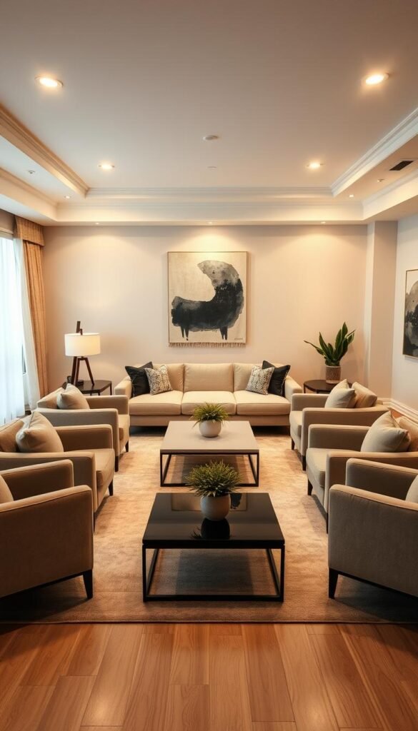 A symmetrical living room layout with a central focus on a neutral-toned sofa arrangement. Plush armchairs flank the sofa, creating a balanced, inviting composition. Sleek, minimalist coffee and side tables anchor the space, complemented by decorative elements like a large, abstract wall hanging and potted plants. Warm, diffused lighting from recessed ceiling fixtures casts a soft, cozy glow, while a large window offers natural illumination. The overall aesthetic is one of refined sophistication and timeless appeal, embodying the principles of a harmonious, functional living space. A symmetrical living room layout with a central focus on a neutral-toned sofa arrangement. Plush armchairs flank the sofa, creating a balanced, inviting composition. Sleek, minimalist coffee and side tables anchor the space, complemented by decorative elements like a large, abstract wall hanging and potted plants. Warm, diffused lighting from recessed ceiling fixtures casts a soft, cozy glow, while a large window offers natural illumination. The overall aesthetic is one of refined sophistication and timeless appeal, embodying the principles of a harmonious, functional living space.