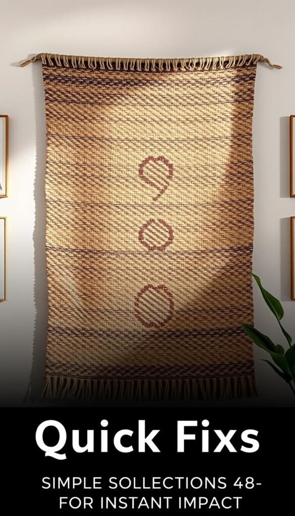 A textured, woven tapestry adorns the wall, its intricate patterns casting gentle shadows that add depth and character to the space. The tapestry features a mix of earthy tones and natural fibers, creating a warm and inviting ambiance. Soft, diffused lighting illuminates the wall, highlighting the subtle variations in texture and tone. The tapestry is positioned in the center of the frame, framed by clean, minimalist wall decor to create a cohesive and visually striking display. The overall composition exudes a sense of relaxation and quiet sophistication, perfectly complementing the "Quick Fixes: Simple Solutions for Instant Impact" theme.