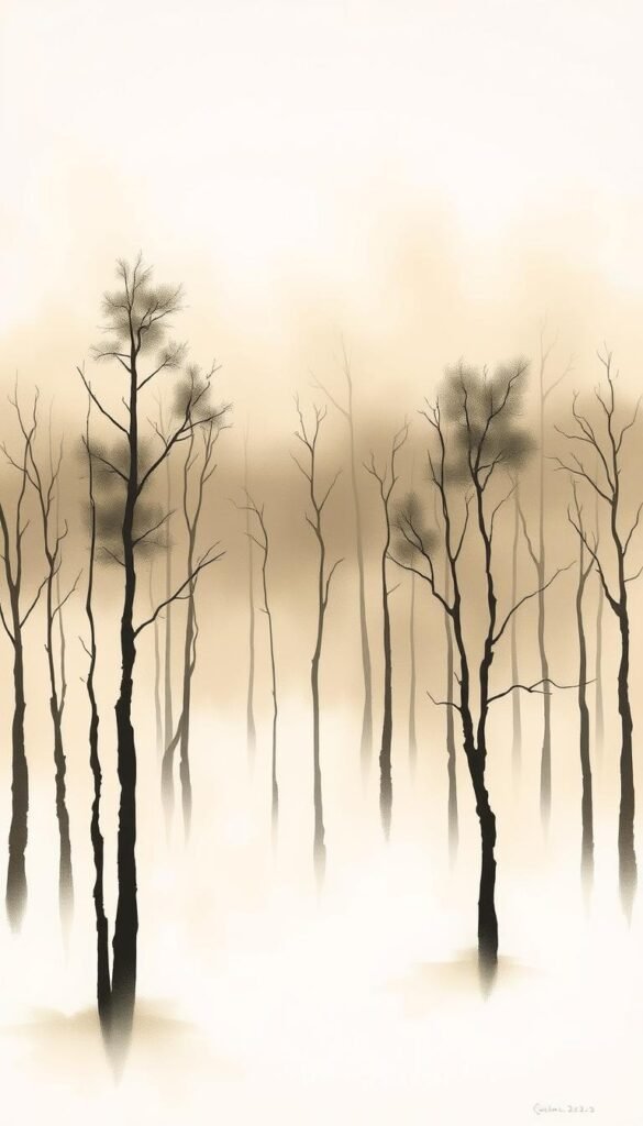 A thoughtful, minimalist artwork in Japandi design aesthetic. A simple yet captivating landscape painting with muted colors and soft brushstrokes. The scene depicts a serene, hazy forest with sparse, slender trees. Soft, diffused lighting filters through the canopy, creating a warm, contemplative atmosphere. The composition has a balanced, harmonious layout, drawing the viewer's eye inward. The overall mood is one of tranquility and introspection, complementing the Japandi design principle of blending clean lines with natural, organic elements.