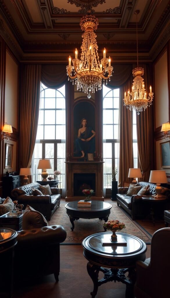 A timeless interior design with elegant symmetry and refined luxury. A lavish living room with plush tufted leather seating, ornate side tables, and a grand fireplace mantel adorned with intricate carvings. Soft, warm lighting from crystal chandeliers casts a golden glow, complementing the rich wood tones and antique accents. Lush velvet draperies frame tall windows, allowing natural light to flow in and highlight the room's timeless beauty. The overall atmosphere evokes a sense of refined sophistication and enduring style, transcending fleeting trends.