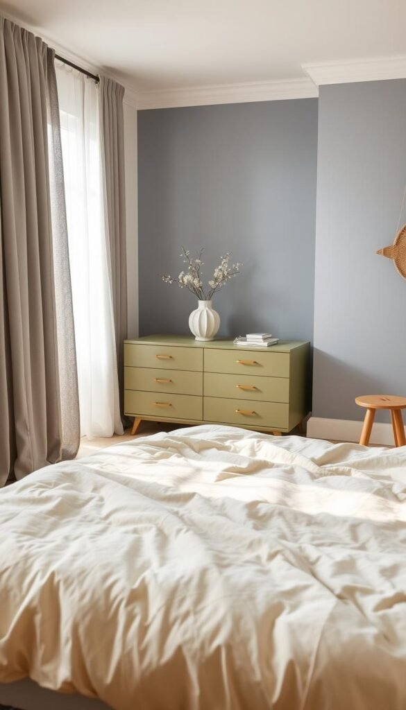 A tranquil bedroom scene with warm, neutral, and cool tones blending harmoniously. In the foreground, a plush bed covered in beige linens is framed by soft gray curtains, allowing natural light to filter in. The middle ground features a contemporary dresser in a muted olive tone, complemented by a decorative vase with delicate floral accents. The background showcases a feature wall in a soothing blue-gray hue, creating a calming and balanced atmosphere. Subtle textures, such as the woven rug and wood accent pieces, add depth and visual interest. The overall composition exudes a sense of relaxation and sophisticated style, perfectly embodying the essence of "Warm, Cool, and Neutral Tones."