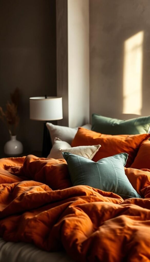 A tranquil bedroom setting, showcasing the contrast between warm and cool tones. In the foreground, a plush, inviting bed is dressed in cozy, earthy hues - rich ochres, burnt siennas, and deep terracotta. Soft, diffused lighting from a bedside lamp casts a gentle glow, creating an intimate, cocoon-like atmosphere. In the middle ground, a set of artfully arranged throw pillows in muted blues, greens, and grays provide a calming counterpoint, subtly hinting at the cooler end of the color spectrum. The background features a neutral-toned, textured wall, allowing the warm and cool accents to take center stage and accentuate the depth and visual interest of the scene. An air of cozy, contemplative tranquility permeates the entire composition.