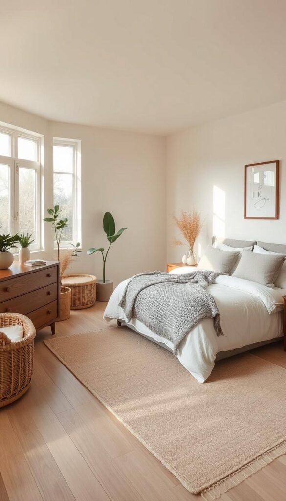 A tranquil, cozy bedroom with a neutral color palette. Soft, muted tones of beige, gray, and ivory create a soothing atmosphere. Plush bedding, including a knitted throw and fluffy pillows, invites relaxation. Mid-century modern furniture, such as a wooden dresser and nightstands, add a touch of elegance. Large windows allow natural light to flood the space, casting a warm glow. Subtle texture from a woven area rug and wicker accents enhance the overall cozy ambiance. Plants and a framed artwork on the wall complete the serene, inviting scene. Captured with a wide-angle lens to showcase the entire room.