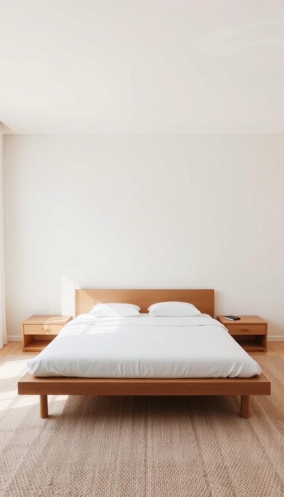 A tranquil, minimalist bedroom bathed in natural light. A simple platform bed with crisp, white linens takes center stage, flanked by two minimalist nightstands. The walls are painted in a soothing, neutral tone, free of any clutter or distractions. A large window fills the space with soft, diffused sunlight, casting a warm glow throughout the room. The floor is covered in a plush, neutral-toned rug, adding texture and comfort. The overall atmosphere is one of serenity and calm, inviting a sense of peace and relaxation.