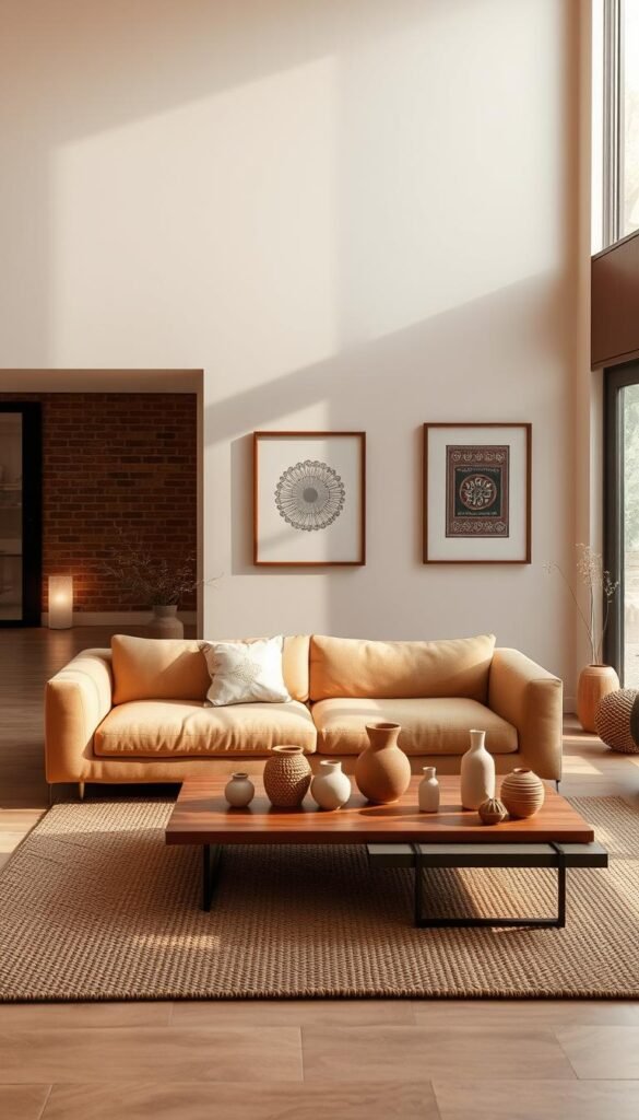 A tranquil minimalist living room with carefully curated cultural elements. Warm, natural lighting filters through large windows, casting a serene ambiance. In the foreground, a low-profile, clean-lined sofa in earthy tones complements a woven textured rug. On the walls, hang delicately framed artworks inspired by traditional Indian motifs. In the middle ground, a sleek wooden coffee table displays an array of handcrafted ceramic vases and sculptures. The background features subtle architectural details, such as exposed brick or wood beams, blending modern and ancient aesthetics. This space exudes a sense of elegant simplicity, where the beauty of the cultural influences harmonizes with the minimalist design.