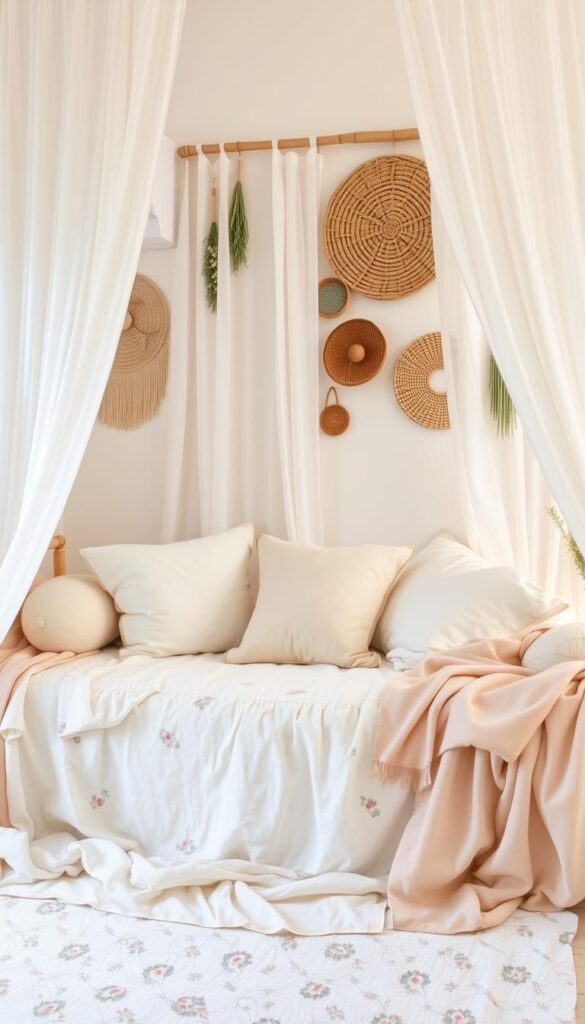 A tranquil springtime scene of lightly tinted textiles and delicate linens. In the foreground, soft pastel-colored throws, pillows, and a floral-patterned duvet cover adorn a cozy daybed. The middle ground showcases sheer curtains gently billowing in a warm, natural light. In the background, a soothing array of botanical wall hangings and woven baskets add a touch of rustic charm. The overall atmosphere evokes a sense of rejuvenation and lightness, perfectly capturing the spirit of "spring textiles refresh." Captured with a warm, diffused lighting and a slightly wider-angle lens to create an inviting, enveloping perspective. A tranquil springtime scene of lightly tinted textiles and delicate linens. In the foreground, soft pastel-colored throws, pillows, and a floral-patterned duvet cover adorn a cozy daybed. The middle ground showcases sheer curtains gently billowing in a warm, natural light. In the background, a soothing array of botanical wall hangings and woven baskets add a touch of rustic charm. The overall atmosphere evokes a sense of rejuvenation and lightness, perfectly capturing the spirit of "spring textiles refresh." Captured with a warm, diffused lighting and a slightly wider-angle lens to create an inviting, enveloping perspective.
