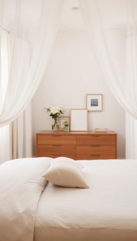 A tranquil, well-appointed neutral bedroom with soft, natural lighting filtering through sheer curtains. In the foreground, a plush, neutral-toned bed with crisp, clean bedding and a few decorative throw pillows. In the middle ground, a wooden dresser with minimalist decor like a vase of fresh flowers and a potted plant. The background features a neutral-toned accent wall, with simple wall art and a small, unobtrusive ceiling light fixture. The overall atmosphere is one of calm, balanced serenity, with a focus on natural textures and muted colors.