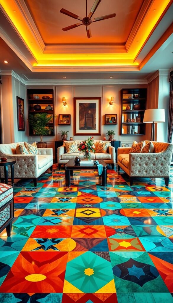 A vibrant and boldly patterned living room, with a central statement piece - a mosaic of geometric tiles in a striking color palette. The tiles cover the floor, reflecting warm lighting that casts a cozy glow. In the foreground, plush seating and decor elements create an inviting atmosphere, while the middle ground showcases the tile pattern's dynamic design. The background features neutral walls and minimalist furnishings, allowing the tiles to be the focal point. The overall scene exudes a sense of modern luxury and artful sophistication.