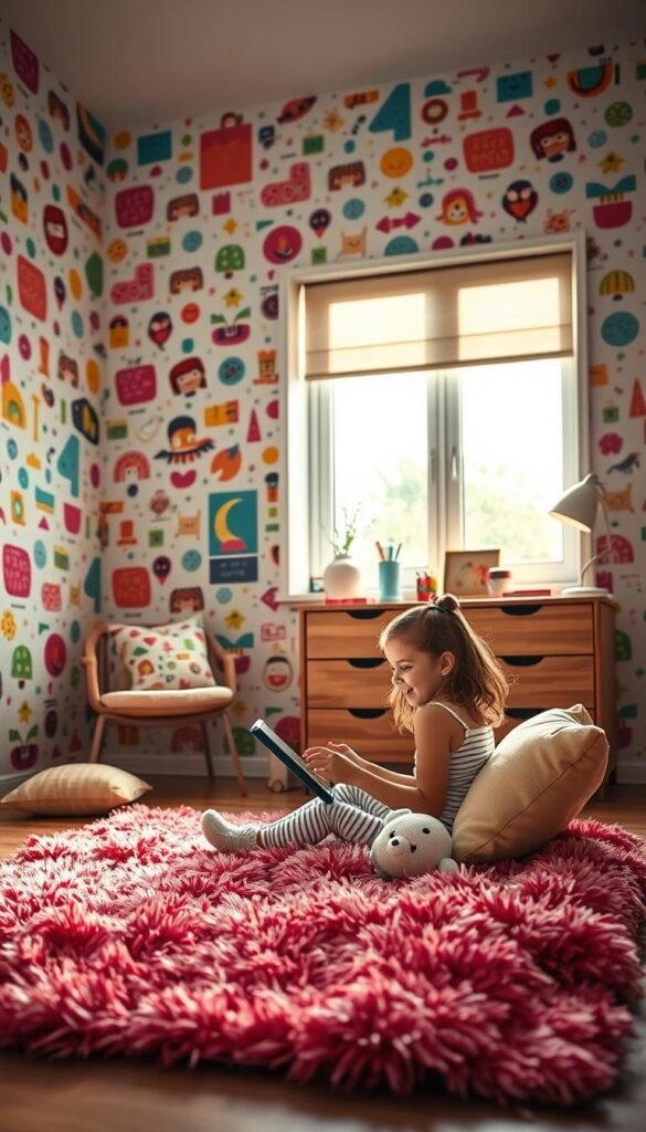 A vibrant and cheerful girl's bedroom, filled with a bold and graphic wallpaper pattern. The wallpaper features a playful mix of geometric shapes, bright colors, and abstract motifs, creating a youthful and energetic atmosphere. In the foreground, a young girl sits on a plush, colorful rug, surrounded by pillows and stuffed animals, her expression one of delight as she engages with a tablet or book. Soft, warm lighting illuminates the scene, adding to the cozy and inviting feel. The middle ground showcases a stylish, modern wooden dresser or shelving unit, adorned with playful decorative elements. In the background, a large, airy window lets in natural light, providing a sense of openness and airiness to the space. The overall composition creates a vibrant, creative, and visually appealing girl's bedroom.