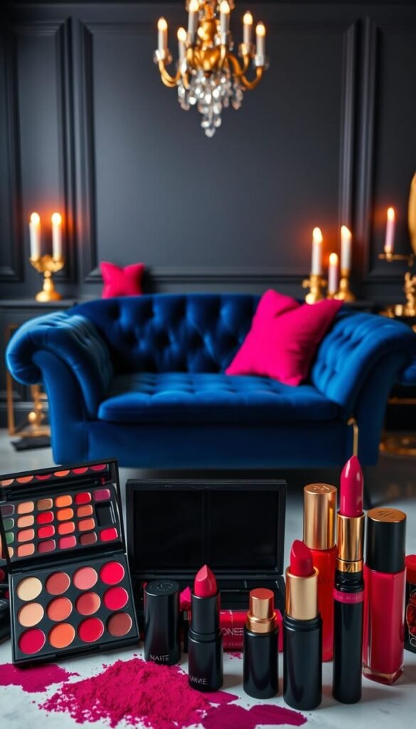 A vibrant array of bold, saturated hues arranged in an elegant color palette. In the foreground, an assortment of eyeshadow palettes, lipsticks, and nail polish bottles in rich, sultry shades of crimson, plum, and emerald. In the middle ground, a luxurious velvet chaise lounge in a deep, inviting navy blue. The background features a moody, dramatic backdrop of charcoal gray walls, accentuated by the warm glow of candlelight and the shimmer of gold accents. The overall atmosphere is one of glamour, sophistication, and a touch of rebellious edge - the perfect color scheme to inspire a bold, baddie-inspired bedroom aesthetic.