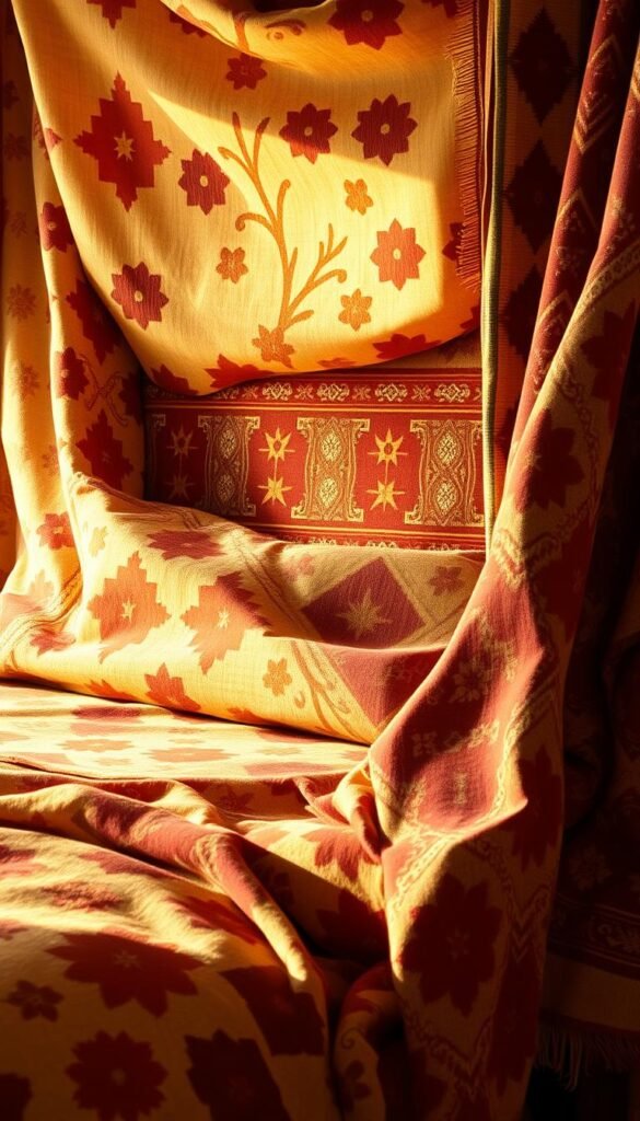 A vibrant array of western-inspired textile patterns, evoking the rustic charm of a cozy ranch-style bedroom. Prominent geometric designs in earthy tones of red, brown, and tan, accented with subtle floral motifs, all bathed in warm, golden lighting that casts a soft, nostalgic glow. The textiles layer together seamlessly, creating a harmonious and inviting atmosphere that transports the viewer to a serene, countryside oasis. Crisp, high-resolution details capture the intricate weaving and texture of the fabrics, making them feel tangible and luxurious. This captivating scene exudes the spirit of the American West, perfectly complementing the "ranch style" theme of the article.