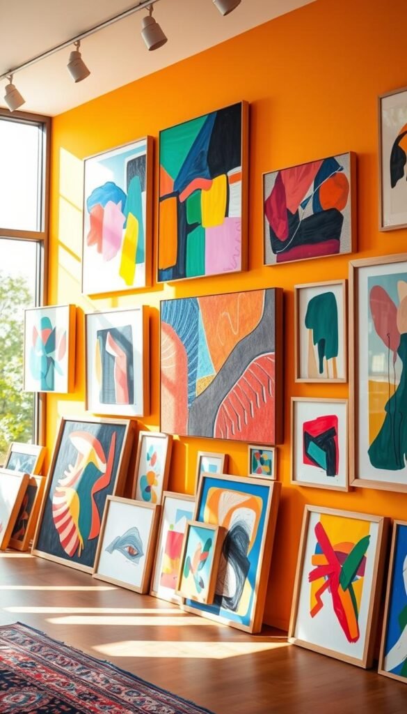 A vibrant art gallery wall showcases an eclectic collection of abstract paintings, vibrant geometric shapes, and expressive brush strokes. The lighting is warm and natural, casting a soft glow on the artworks. The walls are painted in a bold, saturated color palette, complementing the vivid artwork. In the foreground, a modern, minimalist wood frame surrounds each piece, drawing the eye towards the captivating compositions. The middle ground features an assortment of framed art, each piece unique in style and medium, creating a harmonious yet dynamic display. In the background, a large window floods the space with natural light, enhancing the vibrant atmosphere. The overall scene exudes an atmosphere of creativity, self-expression, and a joyful celebration of color. A vibrant art gallery wall showcases an eclectic collection of abstract paintings, vibrant geometric shapes, and expressive brush strokes. The lighting is warm and natural, casting a soft glow on the artworks. The walls are painted in a bold, saturated color palette, complementing the vivid artwork. In the foreground, a modern, minimalist wood frame surrounds each piece, drawing the eye towards the captivating compositions. The middle ground features an assortment of framed art, each piece unique in style and medium, creating a harmonious yet dynamic display. In the background, a large window floods the space with natural light, enhancing the vibrant atmosphere. The overall scene exudes an atmosphere of creativity, self-expression, and a joyful celebration of color.