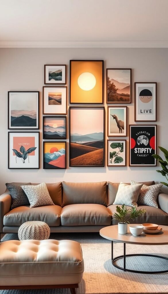 A vibrant collection of affordable poster wall art, artfully arranged in a chic, minimalist living space. A mix of striking abstract prints, nature-inspired landscapes, and bold typographic designs create a visually striking focal point. Soft, even lighting casts a warm, inviting glow, accentuating the frames' clean lines and muted tones. The overall composition evokes a sense of effortless style and intentional curation, inspiring viewers to curate their own aesthetically pleasing poster wall on a budget.