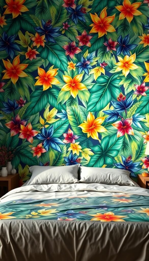 A vibrant, color-focused bedroom wallpaper design, featuring a lush, tropical foliage pattern in striking hues of emerald, sapphire, and citrine. The leaves and flowers seem to dance across the surface, creating a sense of movement and energy. Soft, warm lighting casts a gentle glow, highlighting the depth and texture of the design. The wallpaper takes center stage, drawing the eye and creating a focal point in the room. The overall atmosphere is one of tranquility and rejuvenation, inviting the viewer to embrace the calming, yet visually captivating, presence of the wallpaper.