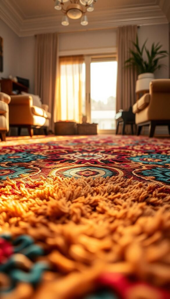 A vibrant, intricately patterned area rug anchors a cozy living room, its bold hues and intricate designs commanding attention. In the foreground, the rug's lush, velvety pile reflects warm, golden lighting, casting a soft glow across the space. The middle ground showcases the rug's captivating motifs, a mesmerizing blend of geometric shapes, abstract swirls, and vivid splashes of color that dance across the surface. In the background, the room's neutral walls and furnishings provide a harmonious backdrop, allowing the rug's visual symphony to take center stage. The overall atmosphere is one of warmth, energy, and a sense of grounded sophistication, inviting the viewer to sink into the plush comfort and be enveloped by the rug's vibrant, captivating patterns. A vibrant, intricately patterned area rug anchors a cozy living room, its bold hues and intricate designs commanding attention. In the foreground, the rug's lush, velvety pile reflects warm, golden lighting, casting a soft glow across the space. The middle ground showcases the rug's captivating motifs, a mesmerizing blend of geometric shapes, abstract swirls, and vivid splashes of color that dance across the surface. In the background, the room's neutral walls and furnishings provide a harmonious backdrop, allowing the rug's visual symphony to take center stage. The overall atmosphere is one of warmth, energy, and a sense of grounded sophistication, inviting the viewer to sink into the plush comfort and be enveloped by the rug's vibrant, captivating patterns.