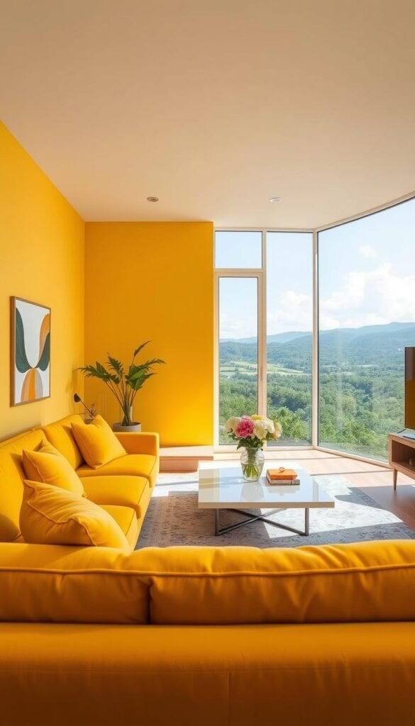 A vibrant living room flooded with natural light, walls adorned with bold, cheerful colors that uplift the mood. In the foreground, a plush, inviting sofa in a vibrant shade of yellow draws the eye, complemented by matching throw pillows. The middle ground features a chic, minimalist coffee table with a vase of fresh flowers, while the background showcases a large window offering a panoramic view of a lush, verdant landscape. The overall scene radiates a sense of joyful, energetic "dopamine decor" that inspires positivity and well-being in the modern living space.