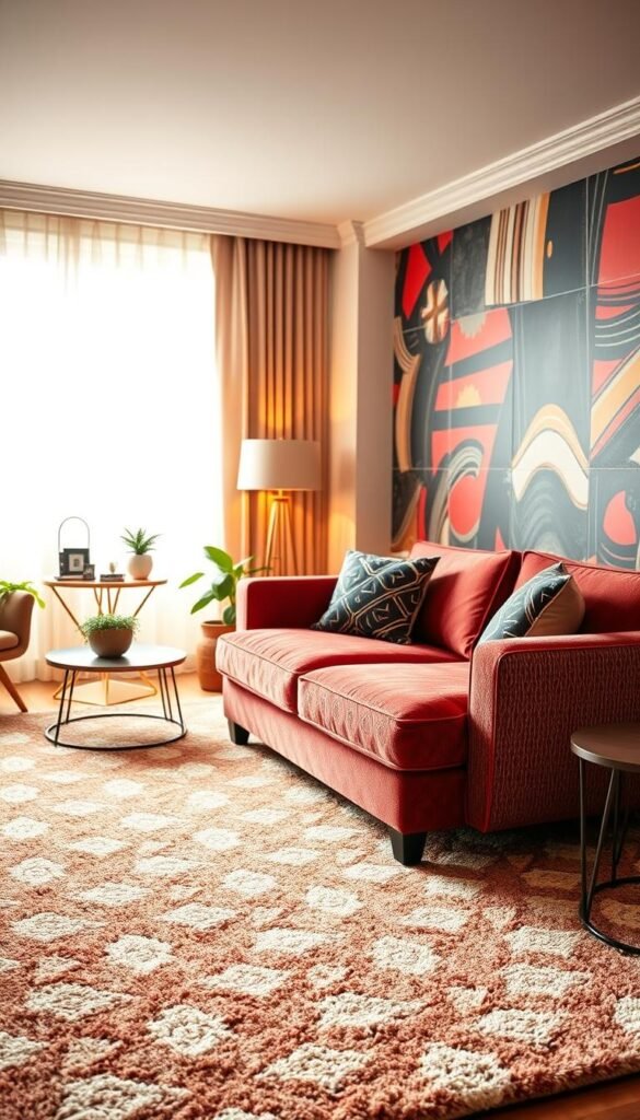 A vibrant, modern living room filled with a harmonious blend of patterns and textures. In the foreground, a plush, patterned area rug anchors the space, its geometric design adding a dynamic rhythm. Midground features a textured, velvet sofa in a rich, saturated hue, complemented by patterned throw pillows that echo the rug's motif. The background showcases a feature wall with a bold, abstract wallpaper, its dynamic lines and shapes creating visual interest. Warm, diffused lighting filters through sheer curtains, casting a cozy, inviting glow. The overall atmosphere is one of balance, where patterns and textures work together to stimulate the senses and evoke a sense of joyful, dopamine-boosting living.