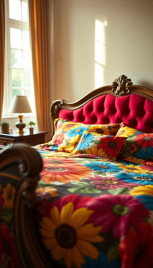 A vintage, antique bed with bold, vibrant patterns fills the foreground. The bed frame is ornately carved wood, with a plush, tufted headboard in a rich, jewel-toned velvet. The bedding is a captivating mix of clashing, oversized floral prints in a kaleidoscope of colors - deep reds, mustard yellows, and electric blues. Soft, diffused light filters in from a large window, casting a warm, golden glow across the scene. The background is blurred, hinting at a cozy, minimalist bedroom interior, allowing the bed to take center stage. The overall mood is one of eclectic, maximalist style, bursting with personality and a sense of timeless sophistication.